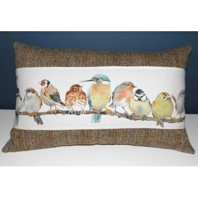 Herringbone Check Harris Tweed Cushion with Laura Ashley Garden Birds Fabric - Cushion Pad included