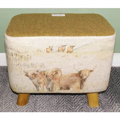 RECTANGULAR 40x26x35cm Footstool Mustard Harris Tweed & Voyage Highland Cow