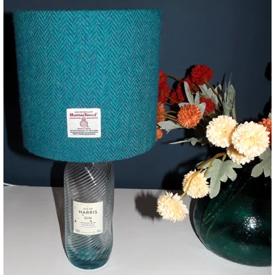 Isle of Harris Gin Bottle Lamp With 20cm Teal/Green Herringbone Harris Tweed Drum Lampshade