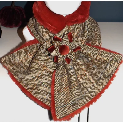 Herringbone Check Harris Tweed® Scarf Neck Warmer with Faux Fur Lining and Removable Brooch