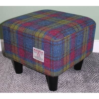 MEDIUM Square Footstool Covered with Pink, Blue Yellow Check Harris Tweed