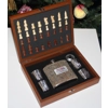 Harris Tweed Covered 6oz Hipflask In Wooden Chess Set Box With 4 Cups & Funnel
