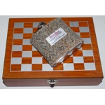 Harris Tweed Covered 6oz Hipflask In Wooden Chess Set Box With 4 Cups & Funnel