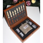 Harris Tweed Covered 6oz Hipflask In Wooden Chess Set Box With 4 Cups & Funnel