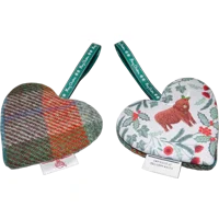 HARRIS TWEED & Christmas Highland Cow Hanging Heart Decoration, Door Hanger