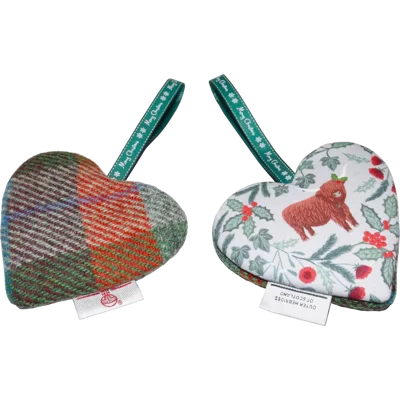 HARRIS TWEED & Christmas Highland Cow Hanging Heart Decoration, Door Hanger
