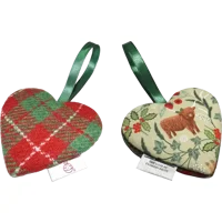 HARRIS TWEED & Christmas Highland Cow Hanging Heart Decoration, Door Hanger