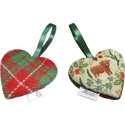 HARRIS TWEED & Christmas Highland Cow Hanging Heart Decoration, Door Hanger