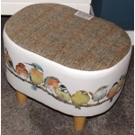 OVAL 40x30x30cm Footstool Herringbone Check Harris Tweed & Laura Ashley Garden Birds