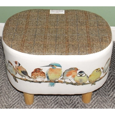OVAL 40x30x30cm Footstool Herringbone Check Harris Tweed & Laura Ashley Garden Birds