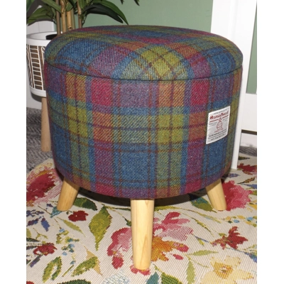 Large 40x40x40cm STORAGE Stool/Footstool Pink, Yellow & Blue Check Harris Tweed