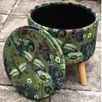 Large 40x40x40cm STORAGE Stool/Footstool Green Velvet Dragonfly