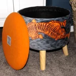 Large 40x40x40cm STORAGE Stool/Footstool Light Orange Harris Tweed & Tiger Fabric