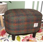 OVAL Footstool (40cm x 30cm x 30cm) Green, Brown & Black Check Harris Tweed