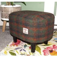 OVAL Footstool (40cm x 30cm x 30cm) Green, Brown & Black Check Harris Tweed