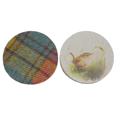 Set of 2 or 4 CHUNKY Round Reversible Drinks Coasters Harris Tweed & Wren Bird Fabric
