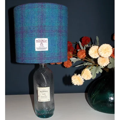 Isle of Harris Gin Bottle Lamp With 20cm Turquoise, Purple & Blue Check Harris Tweed Drum Lampshade