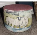 SMALL 28cm(D)x22.5cm(H) Round Footstool Dusky Pink Harris Tweed  & Voyage Buttermere Sheep