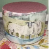 SMALL 28cm(D)x22.5cm(H) Round Footstool Dusky Pink Harris Tweed  & Voyage Buttermere Sheep