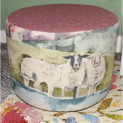 SMALL 28cm(D)x22.5cm(H) Round Footstool Dusky Pink Harris Tweed  & Voyage Buttermere Sheep