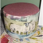 SMALL 28cm(D)x22.5cm(H) Round Footstool Dusky Pink Harris Tweed  & Voyage Buttermere Sheep