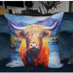 27" x 27" Highland Cow Floor  Cushion with Blue & White Harris Tweed Back & Poly Cushion Insert