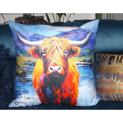 27" x 27" Highland Cow Floor  Cushion with Blue & White Harris Tweed Back & Poly Cushion Insert