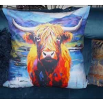 27" x 27" Highland Cow Floor  Cushion with Blue & White Harris Tweed Back & Poly Cushion Insert