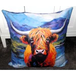 27" x 27" Highland Cow Floor  Cushion with Blue & White Harris Tweed Back & Poly Cushion Insert