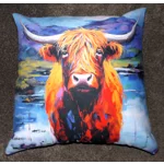 27" x 27" Highland Cow Floor  Cushion with Blue & White Harris Tweed Back & Poly Cushion Insert