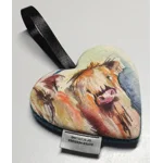 Teal & Purple Herringbone HARRIS TWEED &  Highland Cow Hanging Heart Decoration, Door Hanger