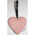 Pink Herringbone HARRIS TWEED & Christmas Robin Hanging Heart Decoration, Door Hanger