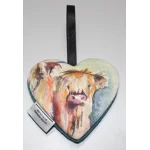 Teal & Purple Herringbone HARRIS TWEED &  Highland Cow Hanging Heart Decoration, Door Hanger