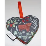 HARRIS TWEED & Christmas Highland Cow Hanging Heart Decoration, Door Hanger