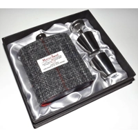 7oz Hip Flask Charcoal Harris Tweed Cover Boxed Funnel & 2..
