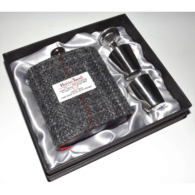 7oz Hip Flask Charcoal Harris Tweed Cover Boxed Funnel & 2 Cups