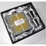 7oz Hip Flask Gold and Blue Check Harris Tweed Cover Boxed Funnel & 2 Cups