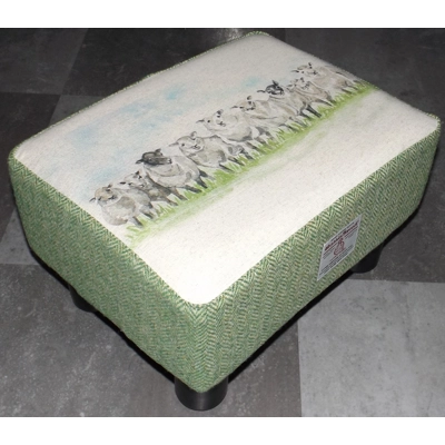 MEDIUM 40x30x25cm Rectangular Footstool Green Herringbone Harris Tweed & Sheep In a Line