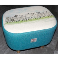 OVAL 40x30x30cm Footstool Teal/Light Blue Herringbone Harris Tweed & Sheep