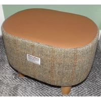 OVAL 40x30x30cm Footstool Herringbone Check Harris Tweed & Faux Leather Top