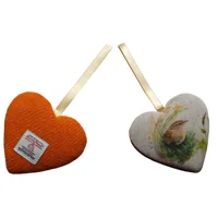 Orange HARRIS TWEED & Bird Fabric Hanging Heart Decoration, Door Hanger