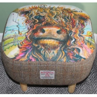 LARGE Chunky Square Curly Highland Cow & Herringbone Check Harris Tweed covered Footstool