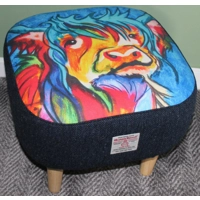 LARGE Chunky Square Abstract Highland Cow & Navy & Black Herringbone Harris Tweed covered Footstool