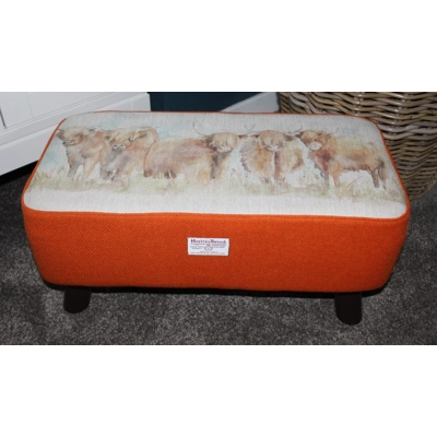 LARGE Rectangular 57cm x 28cm x 26cm Orange Harris Tweed & Voyage Maison Highland Cow Footstool
