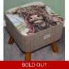 LARGE Square Curly Highland Cow & Herringbone Check Harris Tweed covered Footstool