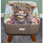 LARGE Square Curly Highland Cow & Herringbone Check Harris Tweed covered Footstool