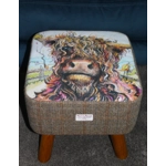 LARGE Square Curly Highland Cow & Herringbone Check Harris Tweed covered Footstool