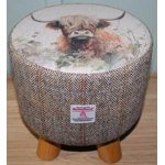 SMALL 28cm(D)x28cm(H) Round Footstool 4 Wooden Legs Highland Cow  Herringbone Check Harris Tweed