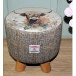 SMALL 28cm(D)x28cm(H) Round Footstool 4 Wooden Legs Highland Cow  Herringbone Check Harris Tweed