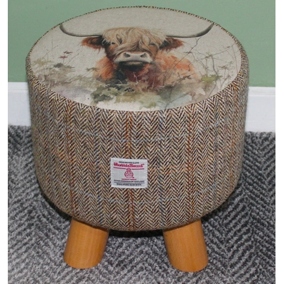 SMALL 28cm(D)x28cm(H) Round Footstool 4 Wooden Legs Highland Cow  Herringbone Check Harris Tweed